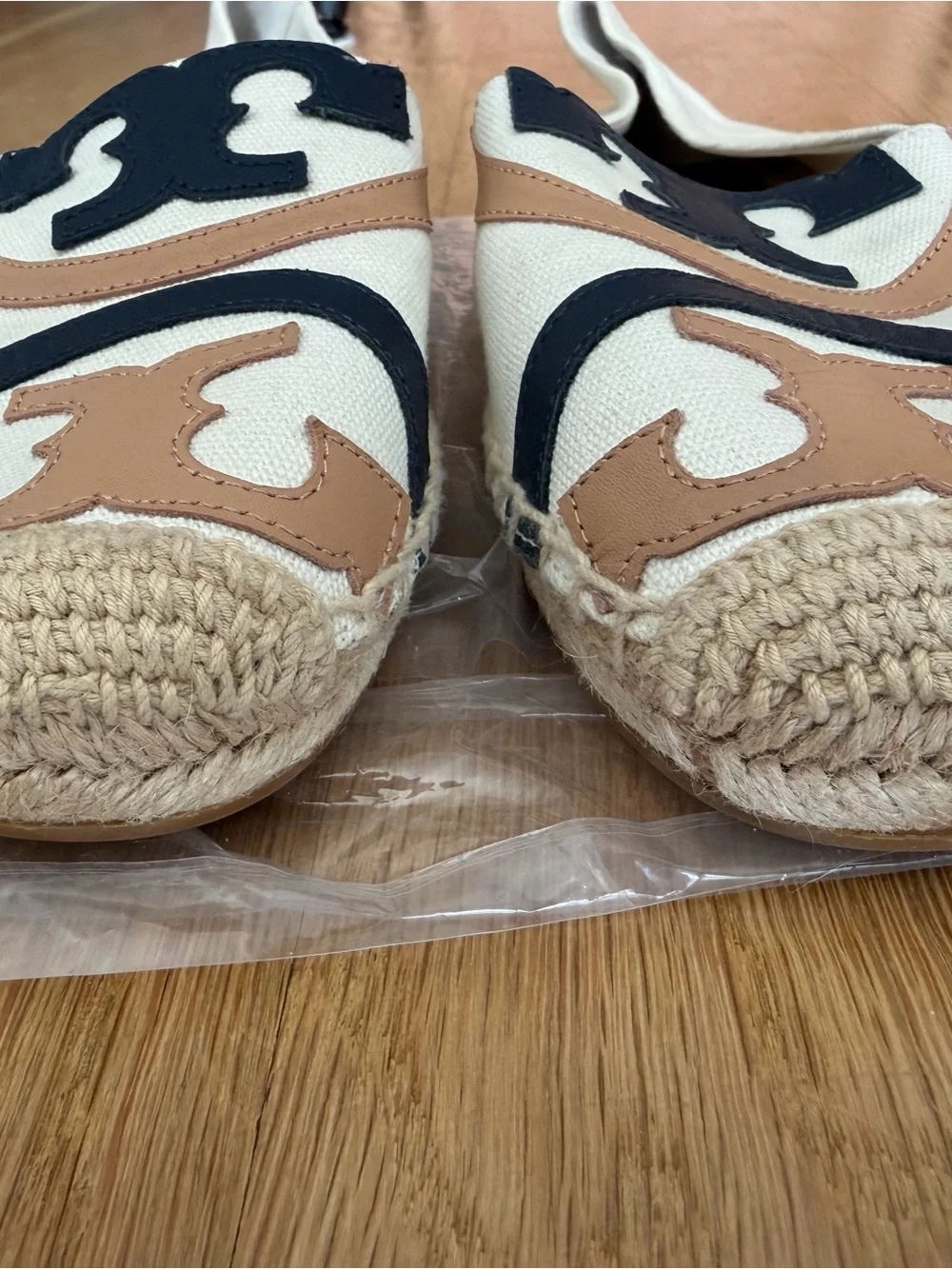Tory Burch Canvas Espadrilles in Cream with Black & Tan Logos